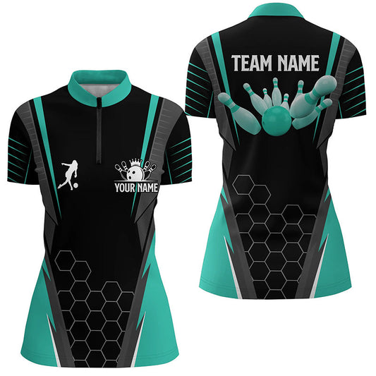 Black Women's Bowling Shirt Quarter-Zip Custom Ladies Bowlers Jersey, team bowling outfits | Turquoise NQS6505