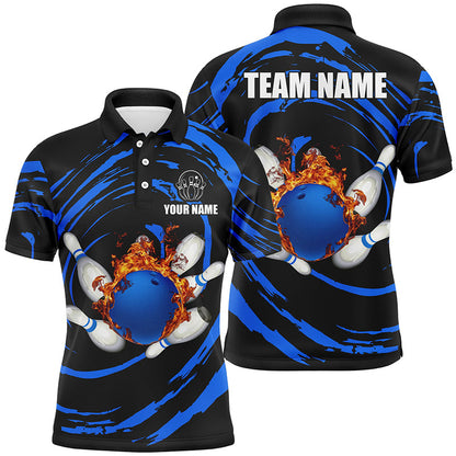 Blue flame bowling ball and pins Mens Bowling polo shirts Custom Team bowling jerseys for men NQS7235