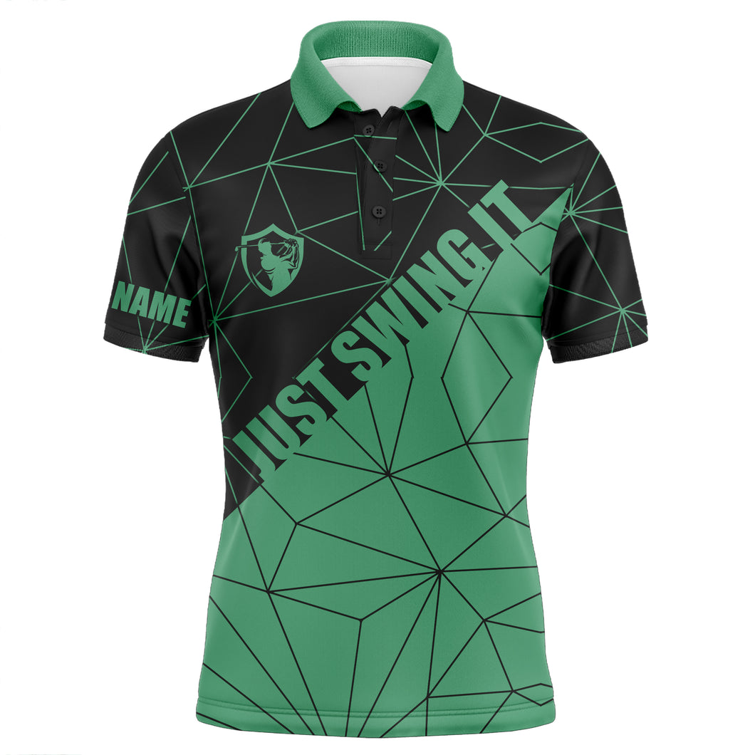 Mens golf polos shirts Just swing it custom name green geometric pattern golf shirts for men NQS5119
