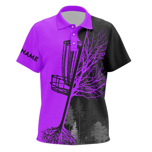 Kid disc golf polo shirts custom black and purple disc golf basket, disc golf shirts NQS6986