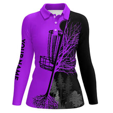 Load image into Gallery viewer, Womens disc golf polo shirts custom black and purple disc golf basket, disc golf shirts NQS6986