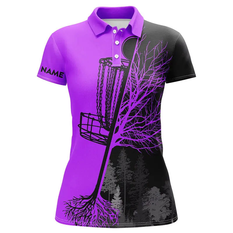 Womens disc golf polo shirts custom black and purple disc golf basket, disc golf shirts NQS6986