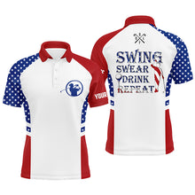 Load image into Gallery viewer, Mens golf polo shirt Swing swear drink repeat custom name American flag patriotic white golf shirt NQS3890