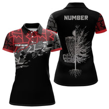 Load image into Gallery viewer, Red camo abstract pattern black Womens disc golf polo shirt custom disc golf clothing NQS6811