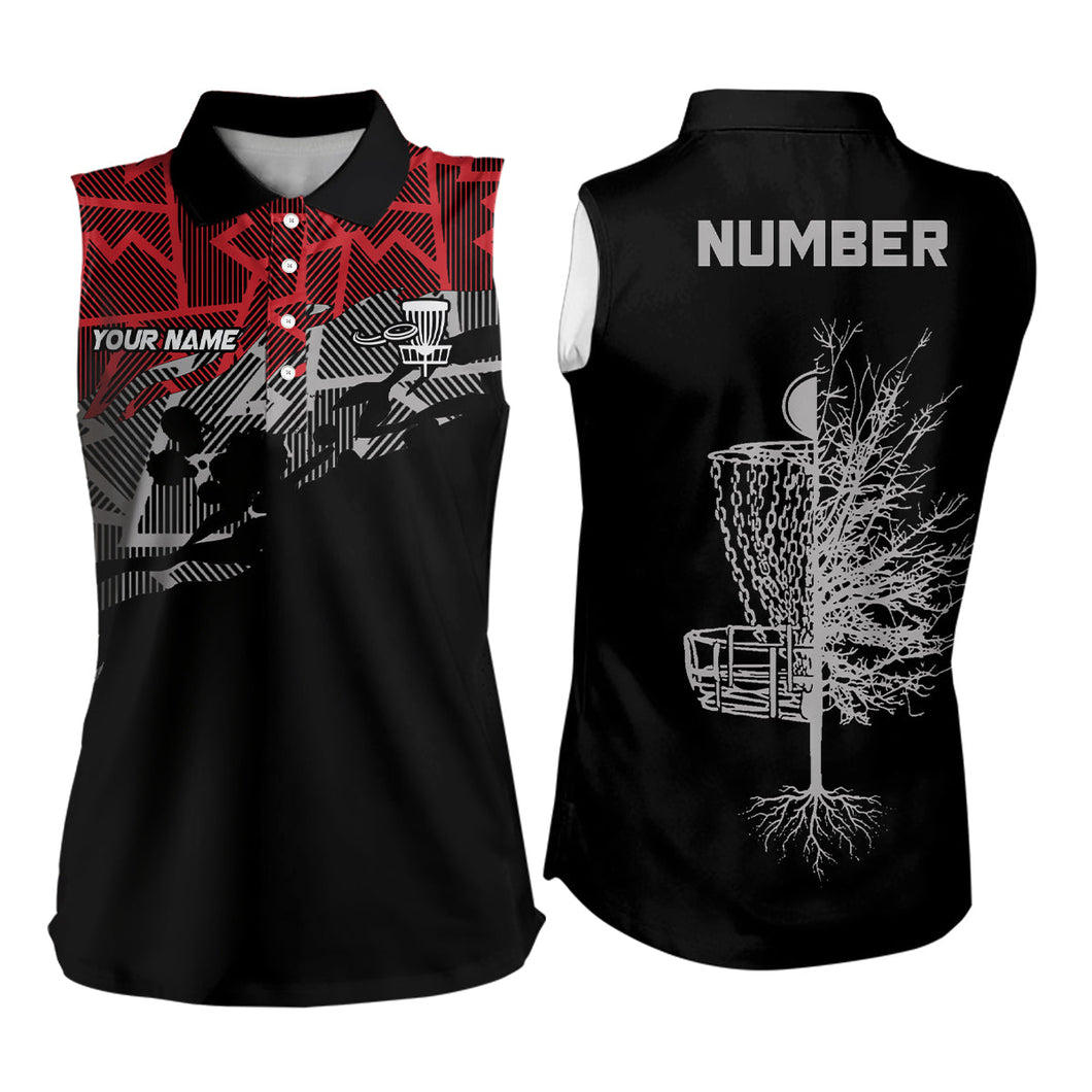 Red camo abstract pattern black Women sleeveless polo shirt custom disc golf clothing NQS6811