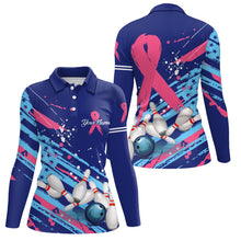 Load image into Gallery viewer, Women bowling polo shirt Custom blue American flag Pink Ribbon bowling jerseys Breast Cancer Awareness NQS6339