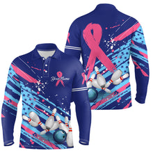 Load image into Gallery viewer, Mens polo bowling shirt Custom blue American flag Pink Ribbon bowling jerseys Breast Cancer Awareness NQS6339