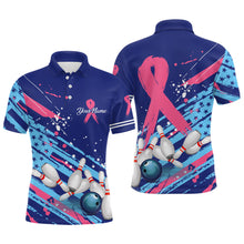 Load image into Gallery viewer, Mens polo bowling shirt Custom blue American flag Pink Ribbon bowling jerseys Breast Cancer Awareness NQS6339