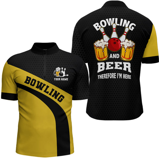 Bowling team Quarter Zip shirt for men custom black and yellow bowling and beer therefore I'm here NQS6566