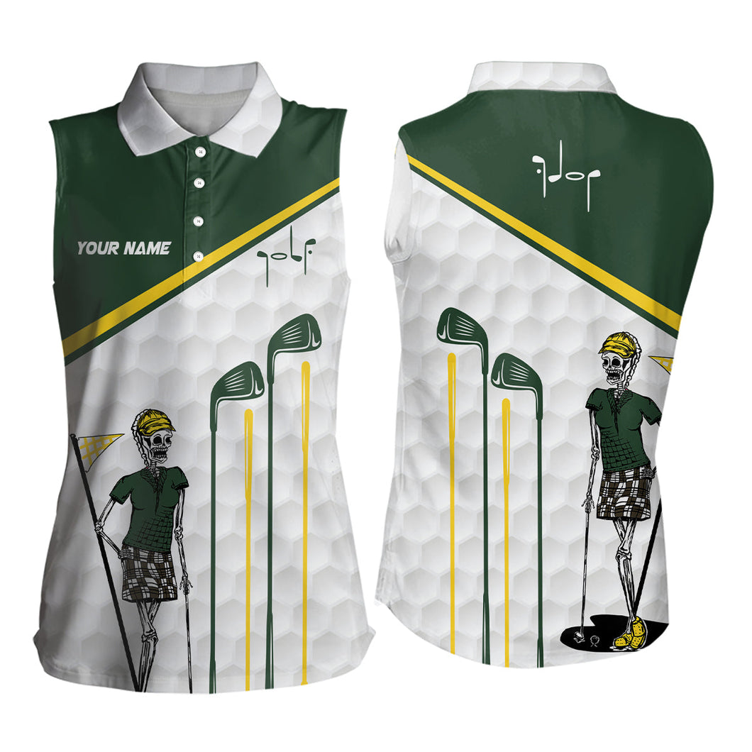 Green and white Women sleeveless golf polo shirt custom golf skull golf ball pattern outfit for ladies NQS6574