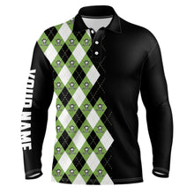 Load image into Gallery viewer, Green argyle plaid skull pattern custom black mens golf polo shirt, golf tops for men golfing gifts NQS6844