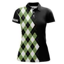 Load image into Gallery viewer, Green argyle plaid skull pattern custom black Women golf polo shirt, golf tops for ladies golfing gift NQS6844
