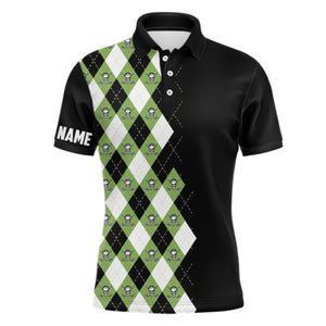 Green argyle plaid skull pattern custom black mens golf polo shirt, golf tops for men golfing gifts NQS6844