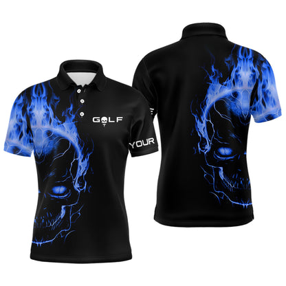 Blue fire skull black golf shirts custom Mens golf polo shirts, mens golf polo tees NQS6387
