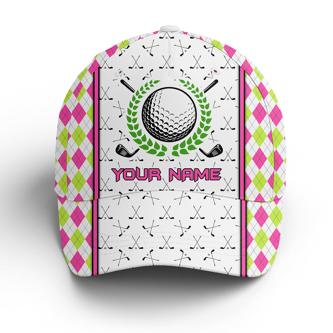 Pink and green argyle pattern golf clubs Golfer hat custom name sun hats for men, womens, golf hats NQS6605