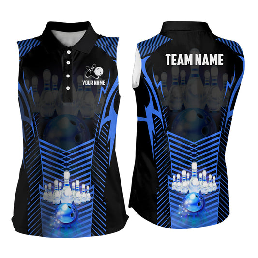 Women Bowling sleeveless Polos Custom Bowling ball pins Team league Jerseys, gifts for bowlers | Blue NQS7071
