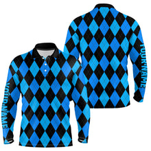 Load image into Gallery viewer, Mens golf polo shirts custom blue and black argyle plaid pattern golf attire for men NQS7185