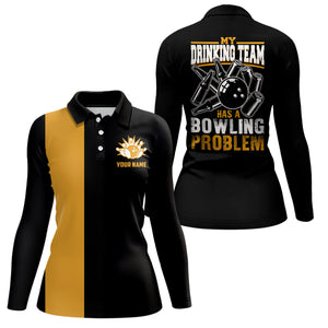 Funny Black yellow retro Bowling Polo shirt for women Custom My drinking team has a bowling problem NQS6694