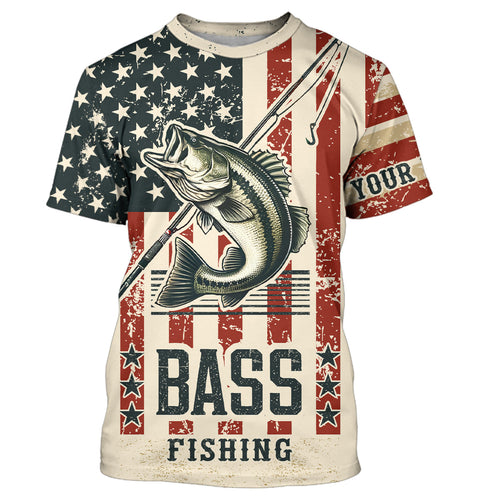 Largemouth Bass fishing vintage American flag Custom performance patriotic long sleeve fishing shirts NQS7199