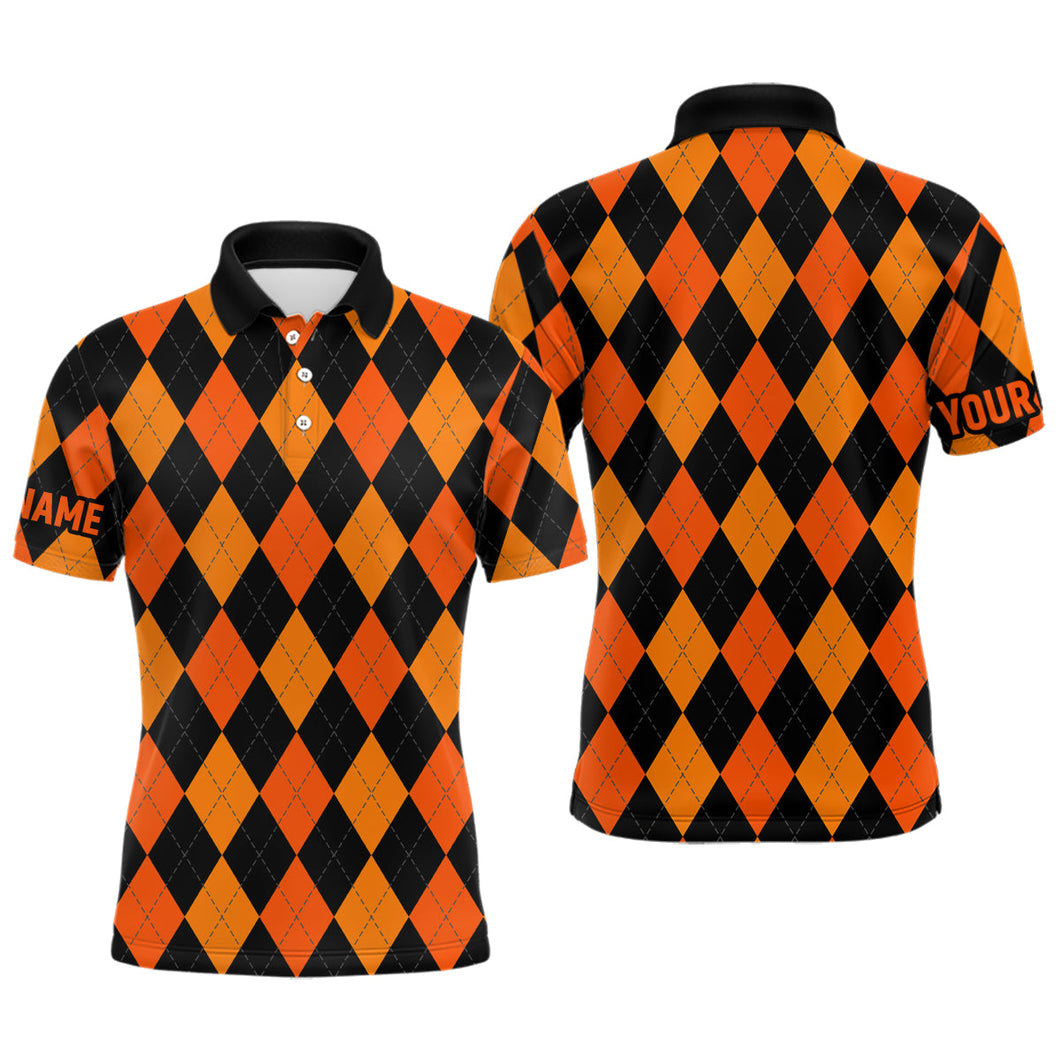 Mens golf polo shirts custom orange and black argyle plaid Halloween pattern golf attire for men NQS6247