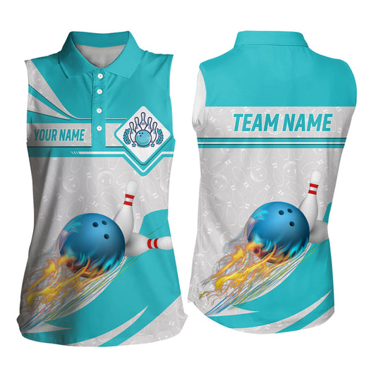 Cyan blue Bowling sleeveless polo For Women Custom camo flame bowling ball pins Team League Jerseys NQS6733