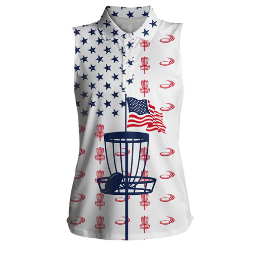 Red, white and blue American flag Women sleeveless disc golf polo shirt, patriotic disc golf shirt NQS6766
