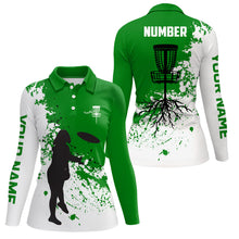 Load image into Gallery viewer, Green and white Womens disc golf polo shirt custom name and number disc golf jerseys, ladies golf tops NQS7112