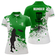 Load image into Gallery viewer, Green and white Womens disc golf polo shirt custom name and number disc golf jerseys, ladies golf tops NQS7112