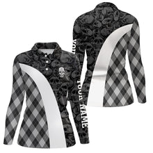 Load image into Gallery viewer, Black and white Womens golf polo shirts custom skull argyle plaid pattern golf shirts for ladies NQS6518