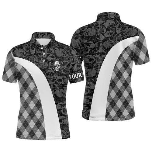 Black and white Mens golf polo shirt custom skull argyle plaid pattern golf shirts for men, golf gifts NQS6518