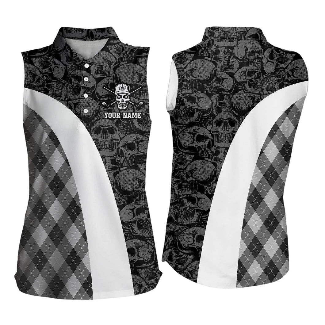 Black and white Womens sleeveless polos shirt custom skull argyle plaid pattern golf shirts for ladies NQS6518
