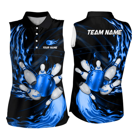 Women bowling sleeveless polos Custom blue flame Bowling ball and pins Team league bowler Jerseys NQS6977