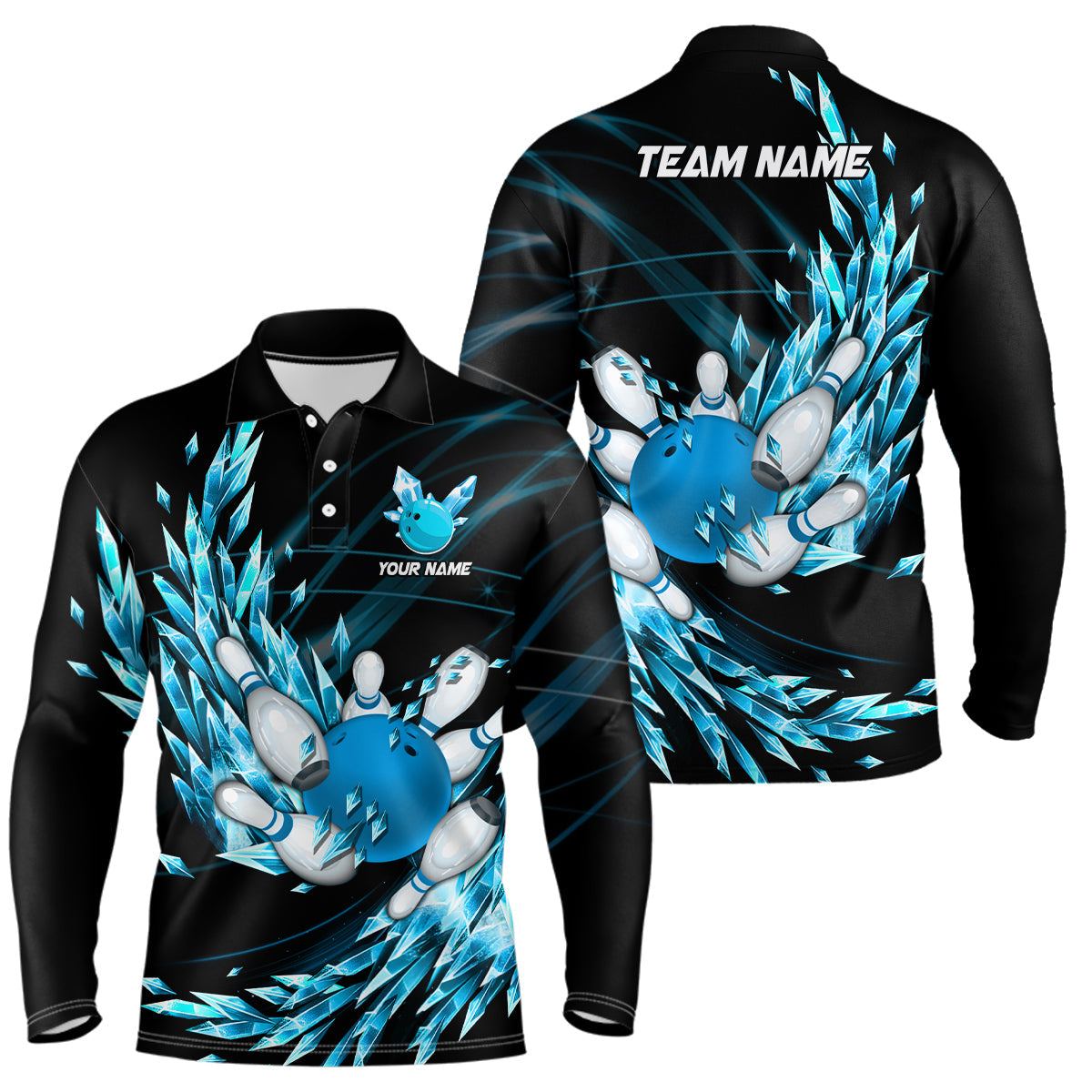 Mens polo bowling shirts Custom blue icy fragments Bowling ball pins Team league bowler Jersey NQS7124