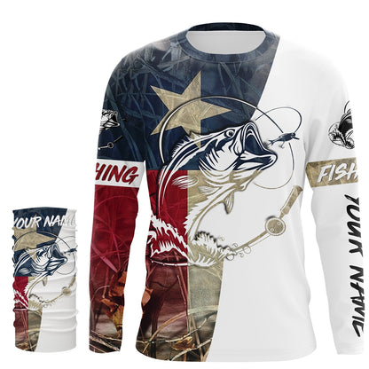 Texas Bass Fishing Texas Flag Camo Custom Name Sun/UV Protection 3D Shirts For Fisherman Personalized Fishing Gifts FSD2871