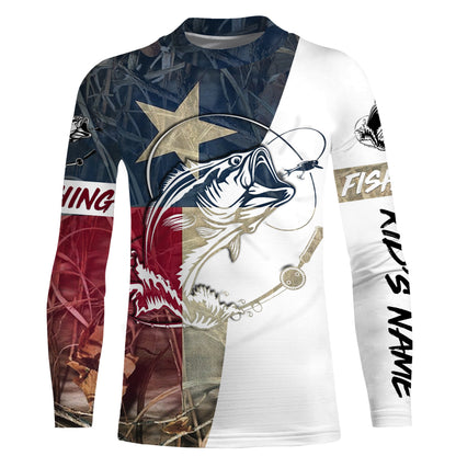 Texas Bass Fishing Texas Flag Camo Custom Name Sun/UV Protection 3D Shirts For Fisherman Personalized Fishing Gifts FSD2871