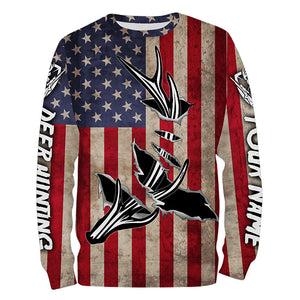 Personalized Deer Hunting American Flag Shirts Customize Name 3D Deer Antler All Over Printed Shirts FSD3398