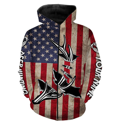 Personalized Deer Hunting American Flag Shirts Customize Name 3D Deer Antler All Over Printed Shirts FSD3398