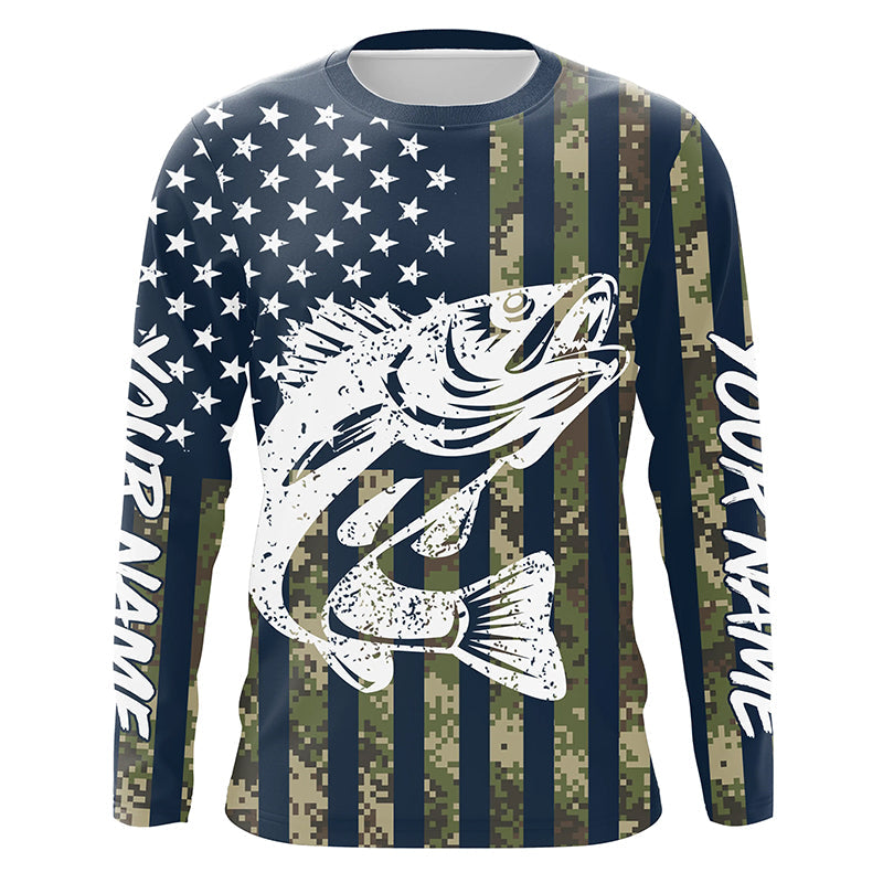 Walleye Fishing American Flag Camo custom performance fishing shirt for Men, Women, Youth/Kids FSD3552