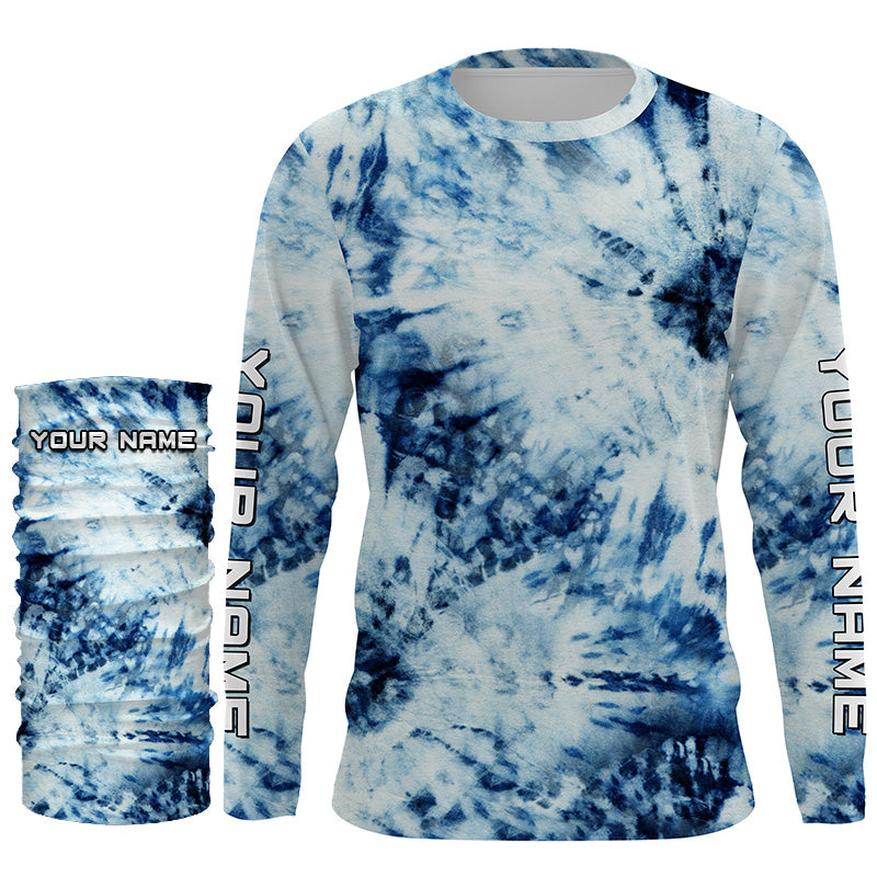 Custom Blue and white Tie Dye printed Shirt, Performance long sleeve UV protection Fishing shirt FSD3365