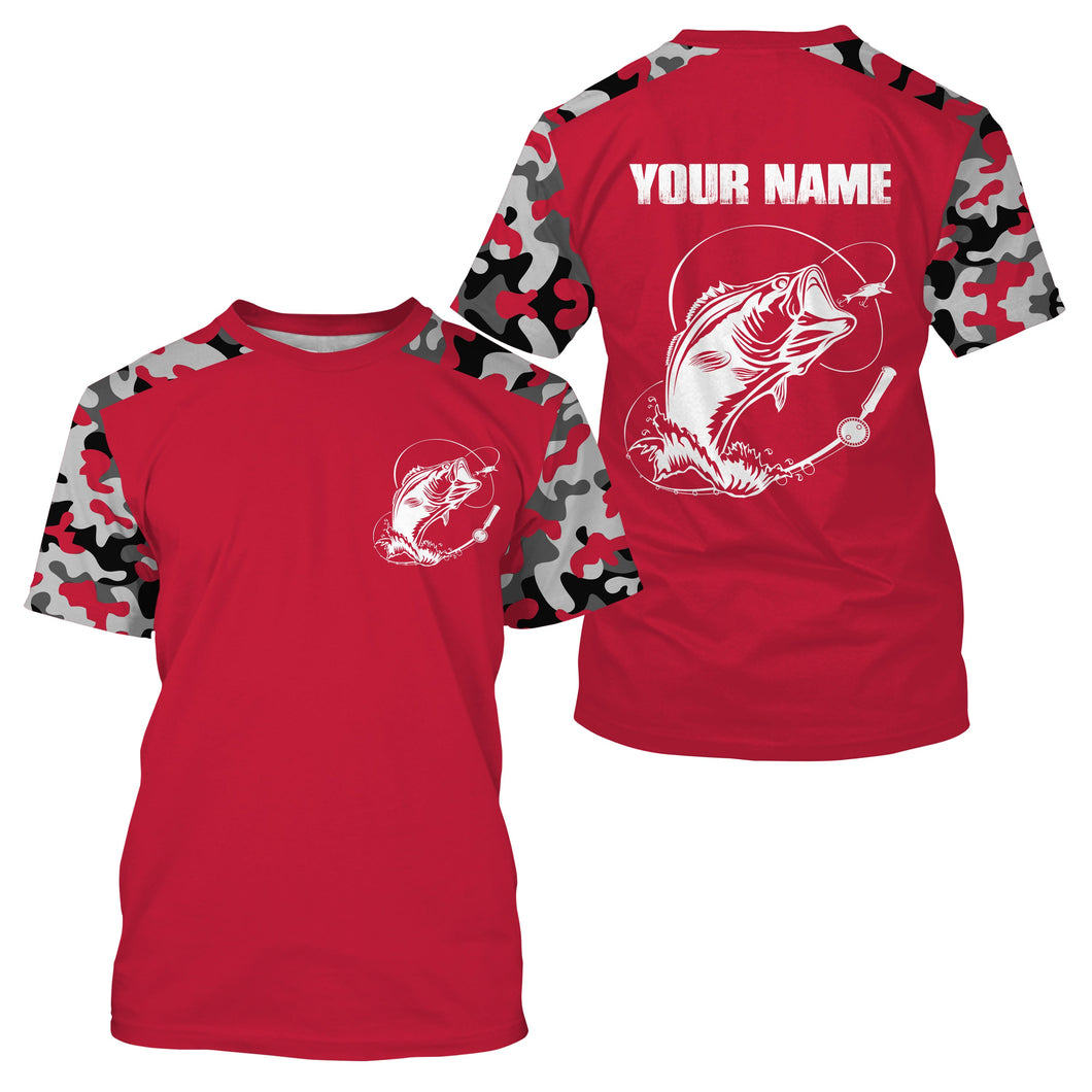 Custom Name Bass Fishing Camouflage Red Performance Fishing Shirt, Bass Fishing Jerseys FSD2867
