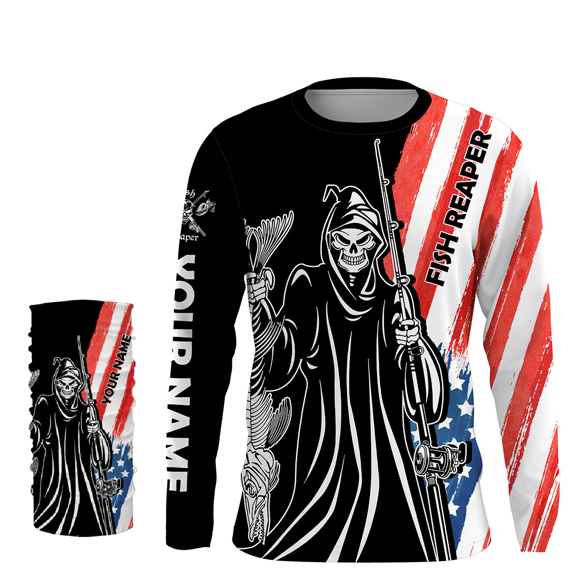 Fish Reaper American Flag Patriotic Custom Name UV Protection Shirt, Personalized Fishing Gifts - FSD2464