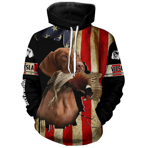 Vizsla Bird Dog Pheasant hunting American flag Custom Name Shirts, gifts for hunting dog owners FSD3801