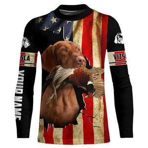 Vizsla Bird Dog Pheasant hunting American flag Custom Name Shirts, gifts for hunting dog owners FSD3801