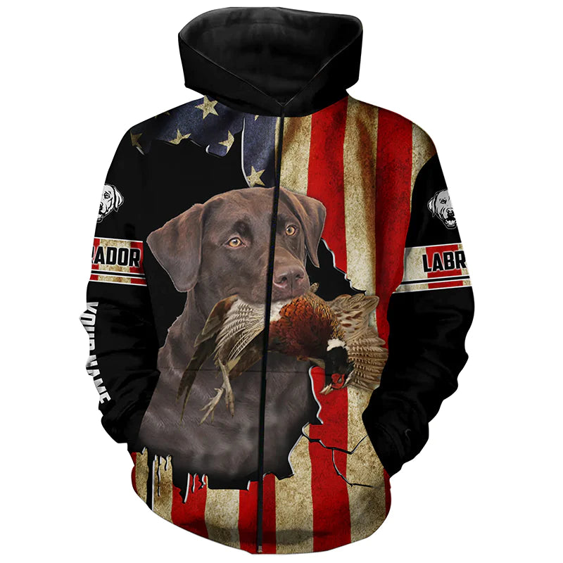 Bird Dog Labs Chocolate Labrador Pheasant hunting American flag Custom Name Shirts, Hoodie FSD3803