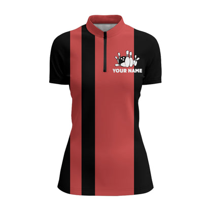 Custom Bowling Shirt for Women, Vintage Ladies Bowling Quarter-Zip Shirt for Team Eat Sleep Bowl NBZ164