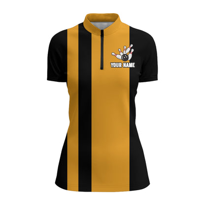 Custom Bowling Shirt for Women, Vintage Yellow&Black Bowling Quarter-Zip Bowling Team Ladies Girl NBZ166