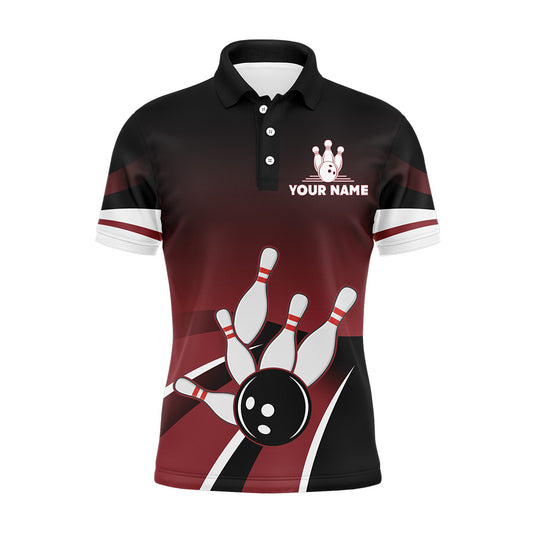 Red & Black Funny Polo Bowling Shirt for Men, Custom Name Bowling Jersey, Vintage Bowlers Shirt NBP134