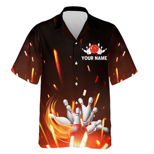 Personalized Hawaiian Bowling Shirt Flame Bowling Ball and Pins Short Sleeve Team Bowlers Jersey NBH06