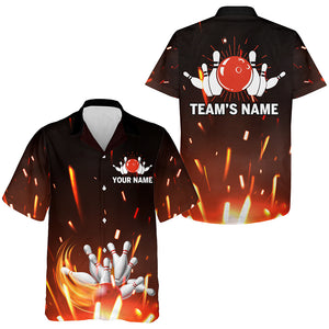 Personalized Hawaiian Bowling Shirt Flame Bowling Ball and Pins Short Sleeve Team Bowlers Jersey NBH06