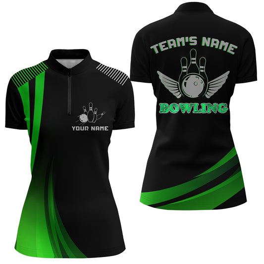 Custom Bowling Shirt for Women Green&Black Bowling Jersey with Name League Ladies Quarter-Zip Shirt NBZ177